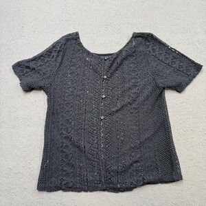 Crochet Knit Top Womens Small Black Lightweight Handmade Boho Summer Cottagecore